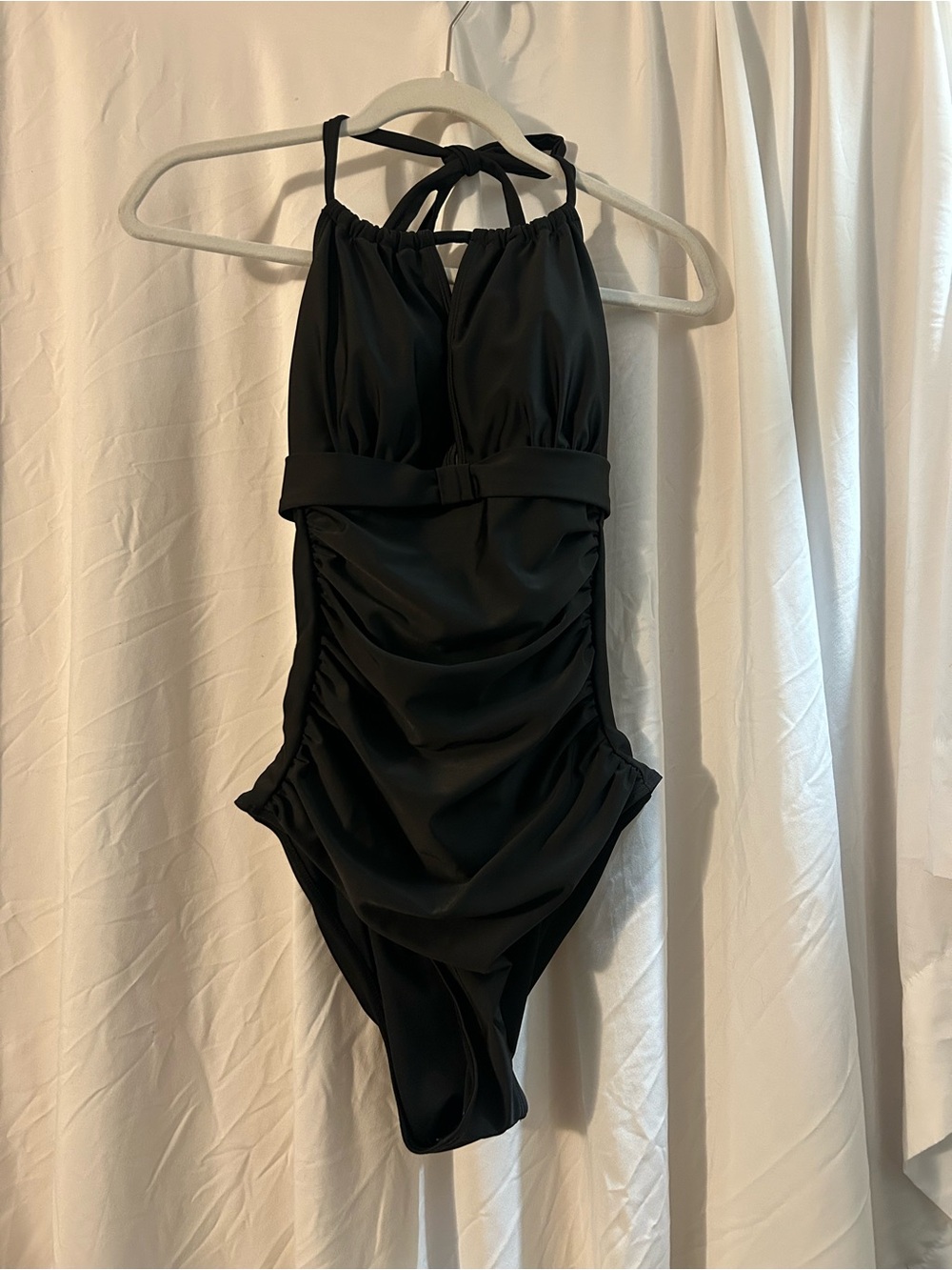 Black Halter Ruched One-Piece Swimsuit with Belt Detail